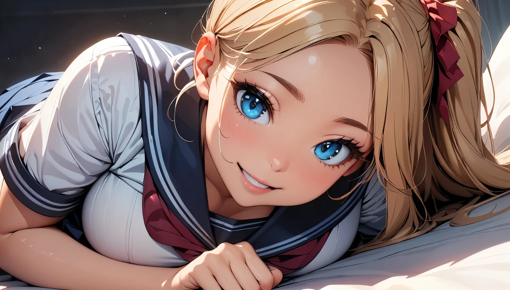 (Highest quality:1.24K, 8K, Very detailed, up to date, Vibrant, High detail, masterpiece:1.2, Highest quality, Best aesthetics), (((1 Girl))), JK, Sailor suit, Pleated skirt, Please open your mouth a little:1.2, smile, (Light brown hair, Voluminous side ponytail), Dynamic Angle, Friendly atmosphere, Beautiful Hair, Shiny Hair, Beautiful Skin, Detailed face and eyes, Glossy Lips, Curvy Women, bed:1.2, Lie, White sheets, Pillow, Light and shadow with attention to detail, Background Blur.