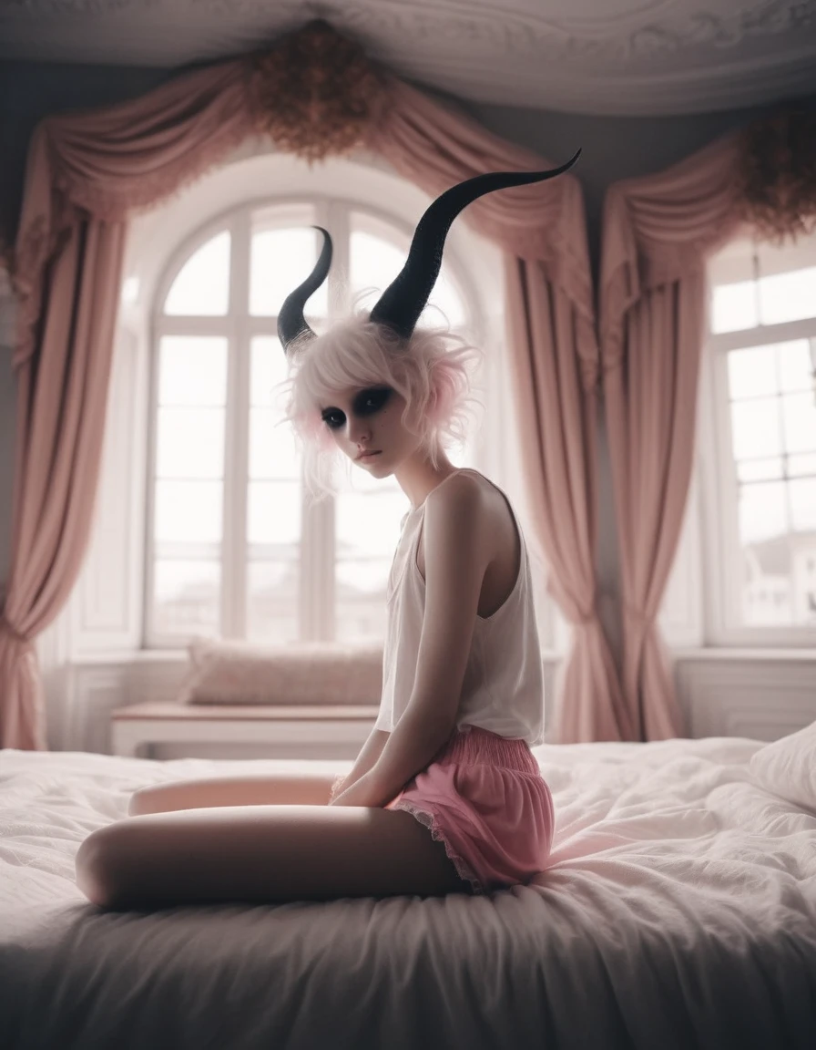 young demon girl with black horns and white wings, (pitch black eyes:1.2),  relaxing near window, (wearing white tank top and pink bubble shorts:1.2), in  bedroom with evil seductive vibe , ( black gradient arms and legs:1.2) , white hair , well lit  , very skinny,     a realistic baroque bedroom, white canopy over bed, white drapes, damask patterns, intricate details,    in the style of Vittorio Matteo Corcos