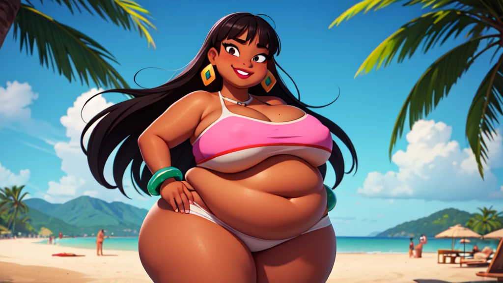 (work of art:1.2, best qualityer:1.2), SSBBW, Giant breasts, thunder thighs, soft ambient lighting, perfect lighting, 1 girl, standing alone, Chel, Bblack hair, long hair, rhombus stripe, eyes browns, darkskin, lipstick, breasts big, Broad Hips, top of the tube, neckleace, bared shoulders, emerald earrings, emerald bracelets, looking at the camera with a smug expression on his face, beach background, very large body, fat belly rolls, big breasts, sexy smile, fat arms, thunder thighs, super fat, looking at viewer, wet clothes, sweating very hard, sexy looking, blob