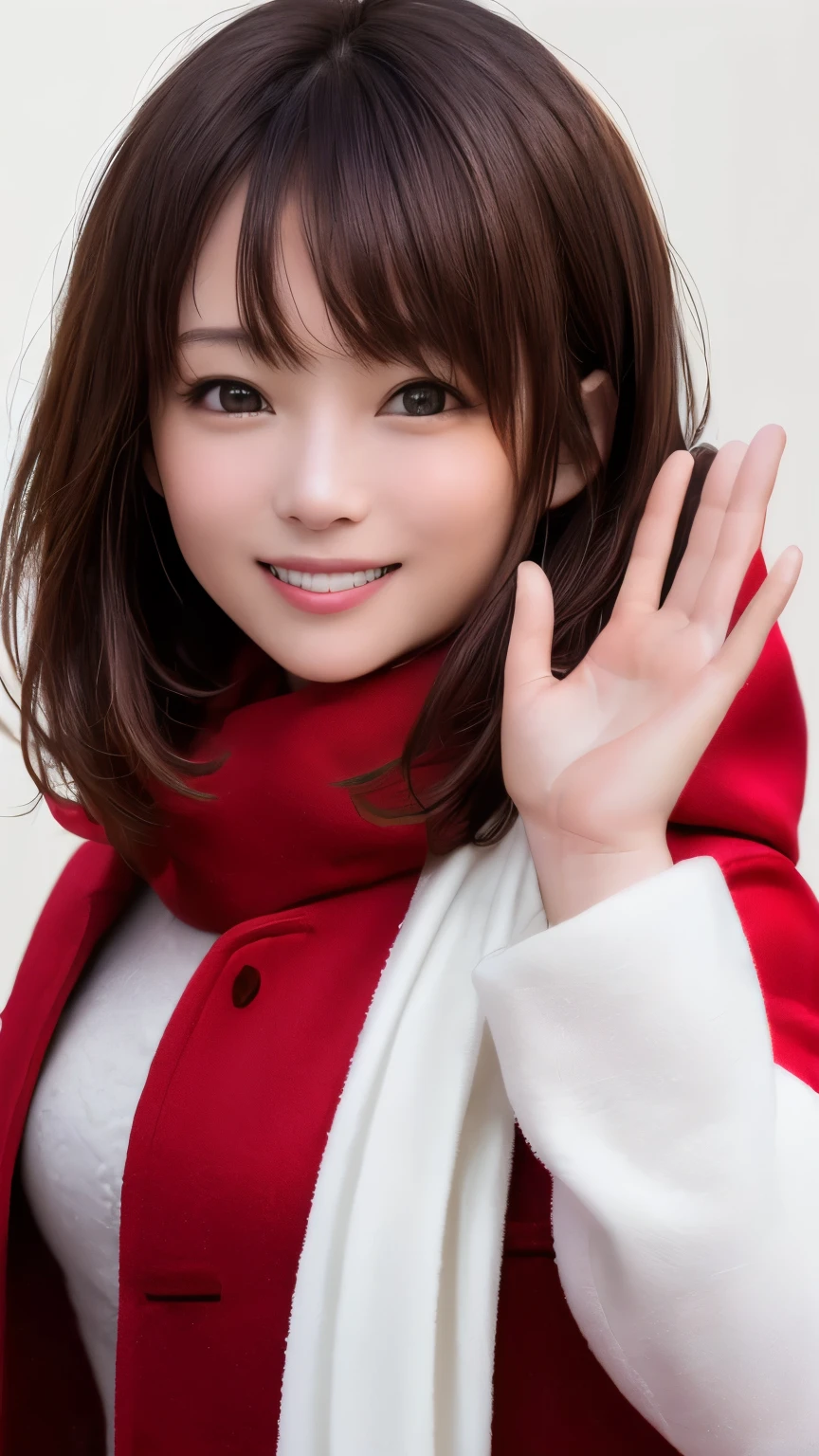 (Highest quality、8K、32k、masterpiece)、(Realistic)、(Realistic:1.2)、(High resolution)、Very detailed、Very beautiful face and eyes、1 Girl、Round and small face、Tight waist、Delicate body、(Highest quality、Attention to detail、Rich skin detail)、(Realistic、Realistic:1.37)、Bright colors、(((Brown Hair)))、(((Upper Body Shot)))、(((Medium Hair、Side Tail)))、(((White wall background)))、(((White wall background)))、(((smile)))、(((Waving hands)))、((((Wearing a red coat)))、(((I have a white scarf)))、(((可愛いsmileです)))