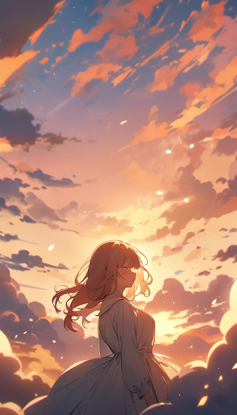 masterpiece, Highest quality, Movie stills, 1 Girl, Cloud Girl, Floating in the sky, close, bright, Happy, Warm and soft lighting, sunset, (spark:0.7)