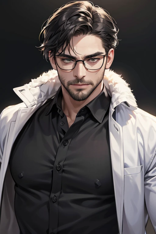 (Best quality,4K,8K,a high resolution,masterpiece:1.2),ultra detailed,(realistic,photorealistic,photo-realistic:1.37),39 year old man,3 day beard,Beautiful anime,portraits,strong,masculine,dark hair,Sharp jawline,Mesmerizing eyes,Perfectly styled hair,cool anime outfit,confident expression,bright colors,dynamic lighting, grey eyes, (black shirt, glasses on face)