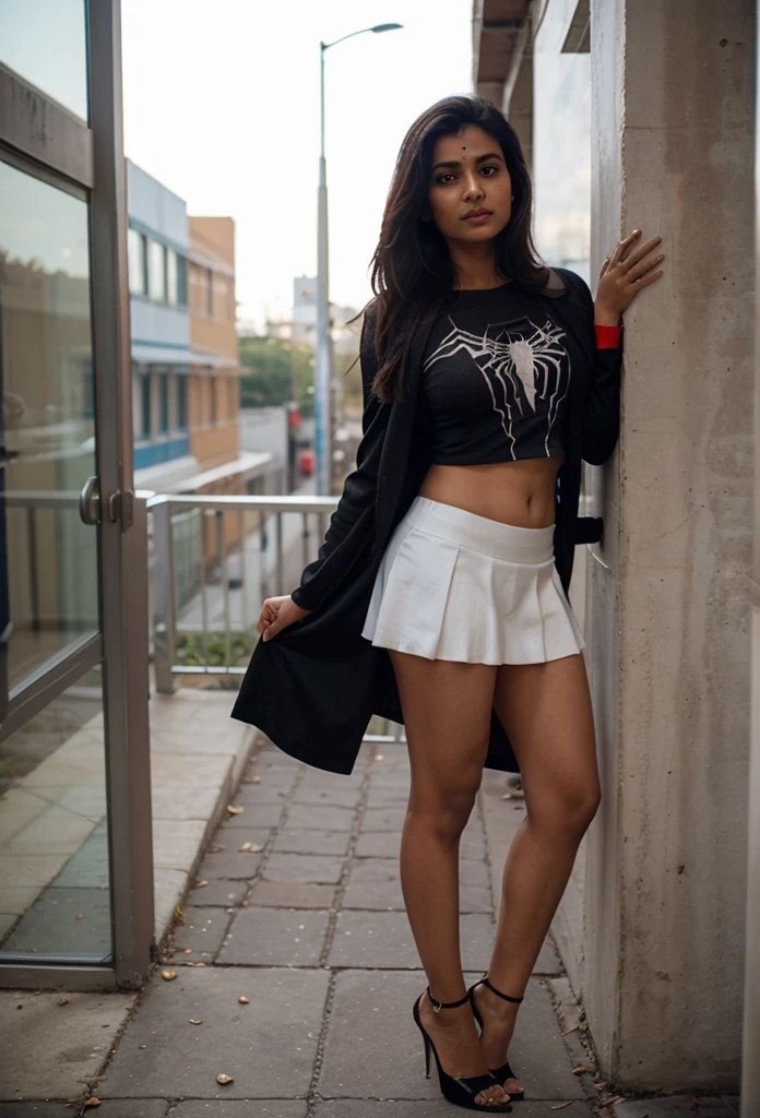 Beautiful Indian woman wearing a spider man costume top, short skirt with heels
