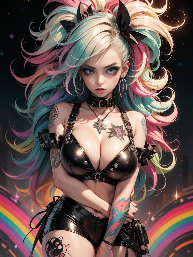(masterpiece, top quality, best quality, official art, beautiful, cosmic, atmospheric, psychedelic, dreamlike and aesthetic, swirling psychedelic cosmic graffiti patterns:1.2), (1girl), extreme detailed,(fractal art:1.3),colorful,highest detailed, "(Best Quality, 8K, 32K UHD, masutepiece:1.3), Ultra-detailed, (Photorealistic:1.4), pink and white colors, perfect color scheme, albino, Punk rock Girl, Detailed moonlight eyes, full body portrait, Luxurious neon white punk hair, Edgy Harajuku-inspired punk rock fashion, super huge enormously gigantic tits, cleavage showing, Avant-garde makeup, Numerous piercings, Heavily tattooed body, swirling psychedelic cosmic dreamlike graffiti pattern background