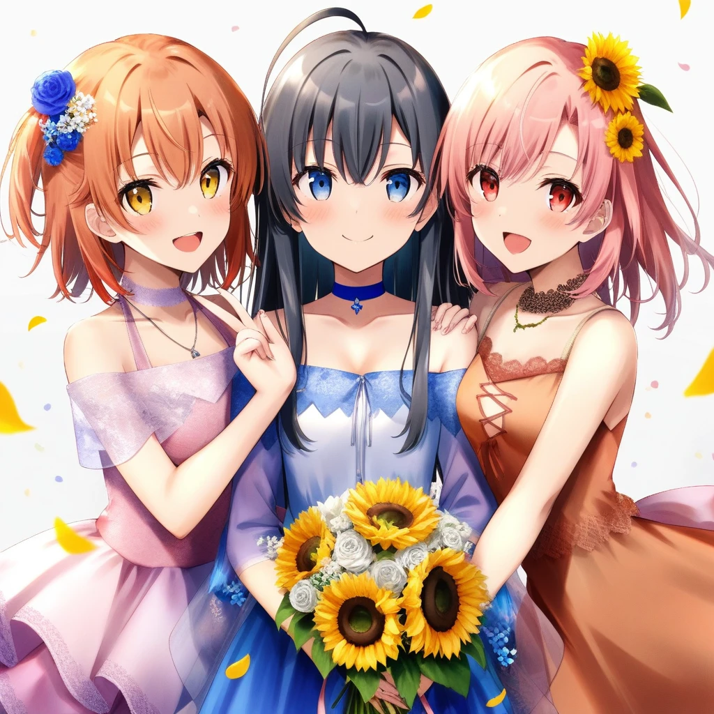 3girls, rei \(rei's room\), absurdres, official art, absurdres, yahari ore no seishun lovecome wa machigatteiru., isshiki iroha, yuigahama yui, yukinoshita yukino, :d, :p, ahoge, anniversary, bead necklace, beads, black hair, blue choker, blue dress, blue eyes, bouquet, breasts, brown hair, cel shading, choker, cleavage, closed mouth, cropped shirt, cross-laced clothes, cross-laced dress, dress, eyelashes, falling petals, fingernails, flower, flower-trimmed dress, golden rose, hair between eyes, hair flower, hair ornament, hand on own shoulder, hand up, holding, holding bouquet, index finger raised, jewelry, lace, lace choker, layered dress, long bangs, long hair, looking at viewer, medium hair, multiple girls, necklace, off-shoulder dress, off shoulder, ok sign, open mouth, orange dress, petals, pink dress, pink hair, red eyes, red flower, red rose, rose, see-through dress layer, sideways glance, smile, straight-on, straight hair, sunflower, swept bangs, teeth, tongue, tongue out, upper teeth only, white background, white dress, white flower, yellow eyes, ((very aesthetic, best quality, ultra detailed)), rating:safe