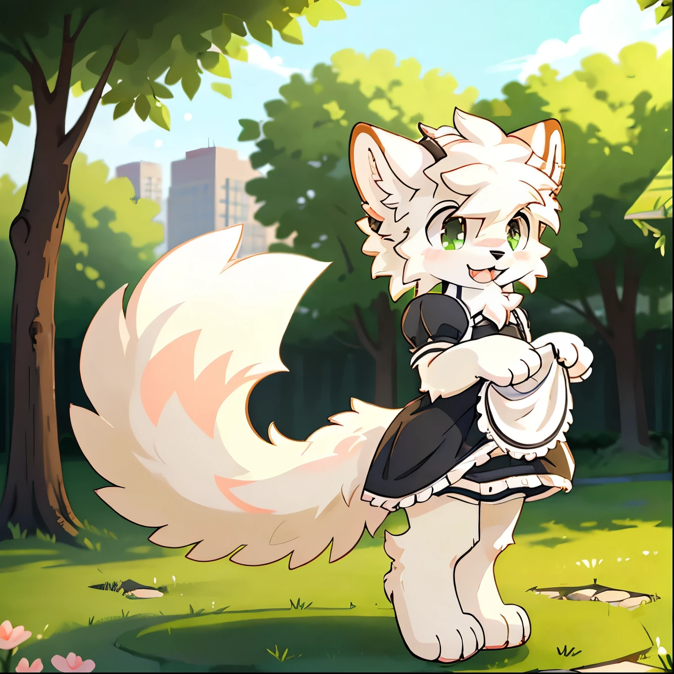 Cute Boykisser ,((green park)), (anatomically correct) (Fluffy) (furry) (fuffy paws)  ((full body)) (cute) (maid) (one tail)