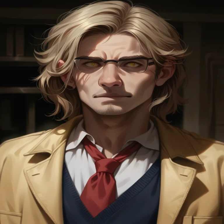 Older with barb; glasses, shining-yellow-eyes