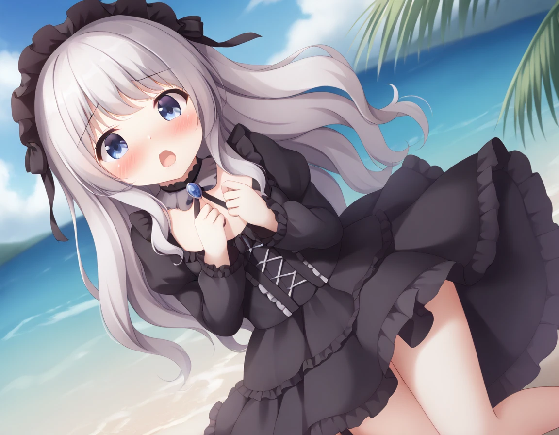 Cute beautiful girl、Embarrassed blush、Budding 、Gothic Lolita it、Wavy Hair、I'm embarrassed because my breasts are eand my nipples are visible.ur hands between your legs,garden