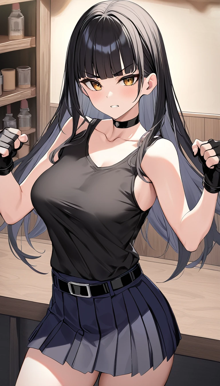 ((Highest quality)), ((masterpiece)), (detailed),cowboy shot , Rin々Policewoman small breasts Mature Woman, ((A black sleeveless police uniform over a white sleeveless U-neck T-shirt)), Black choker,((clavicle))、Black long hair Blunt bangs black pleated mini skirt black fingerless gloves V-shaped eyebrows Combat Stance Black Belt Clenched fist Old tavern