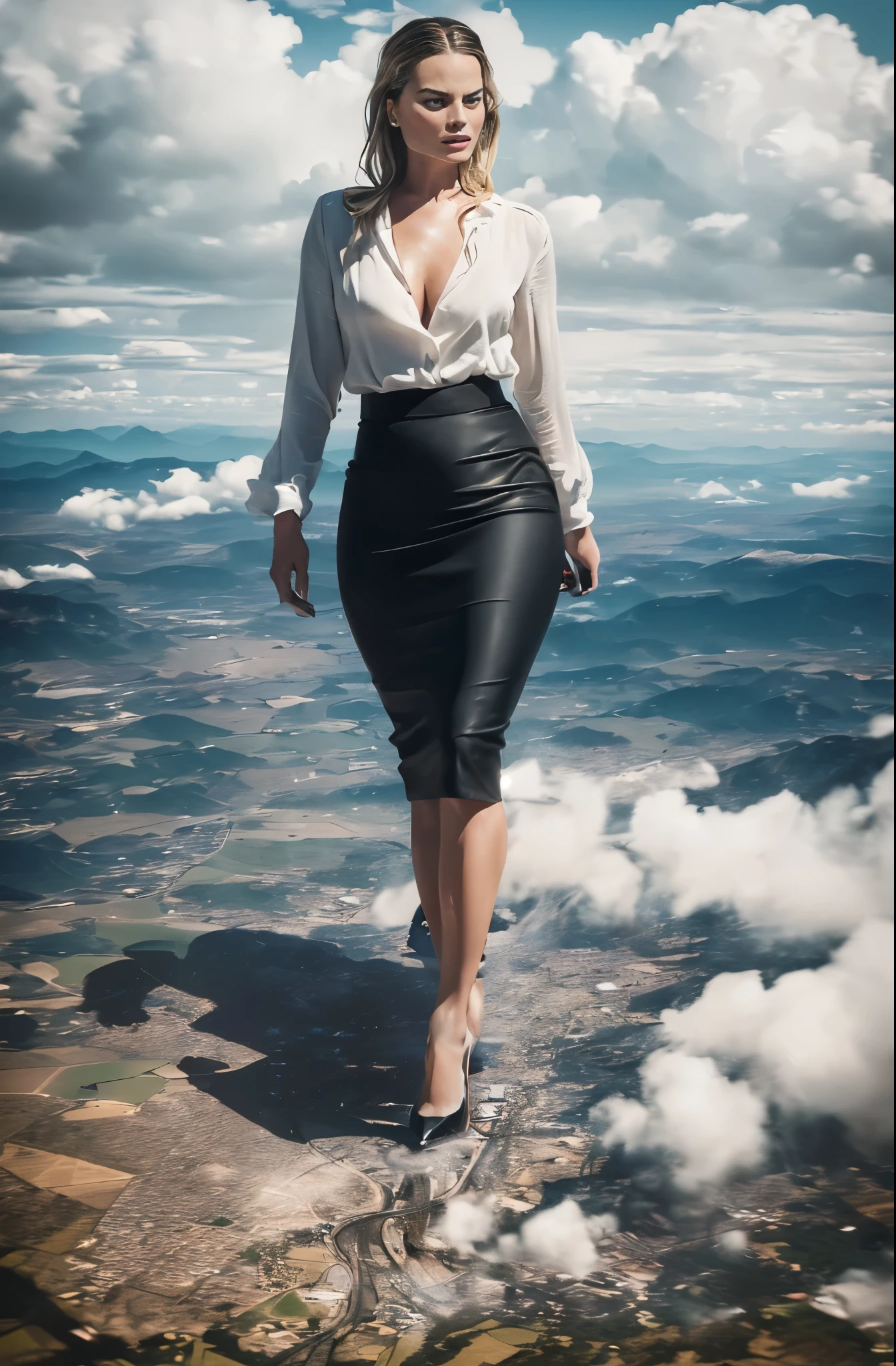 Nicki Minaj, (masterpiece, best quality, best shadows, best shading, perfect hands, perfect face, cinematic lighting, colorful, ultra-detailed, beautiful photography, character focus, extremely-detailed, photorealistic, hyper photorealism, atmospheric), (rural destruction:1.7), (giantess, stereotypical office worker), (dirty, filthy, unwashed, sweaty, unkempt, angry, tired, exhausted, annoyed), (walking, mid stride, stepping down on, stomping, crush, rampage), (black patent Louboutin pointed toe pumps, high heels, stiletto heels), ((revealing crisp white blouse, short black pencil skirt)), ((long straight hair with front bangs)), (high altitude photography, satellite view), (curvy, exposed cleavage, heaving bosom, legs), (urban sprawl, farmland and small towns, destruction, buildings, roads), (((cloudy, overcast, clouds and atmosphere partly obscuring the subject, hazy atmosphere, haze in foreground, wispy clouds)))