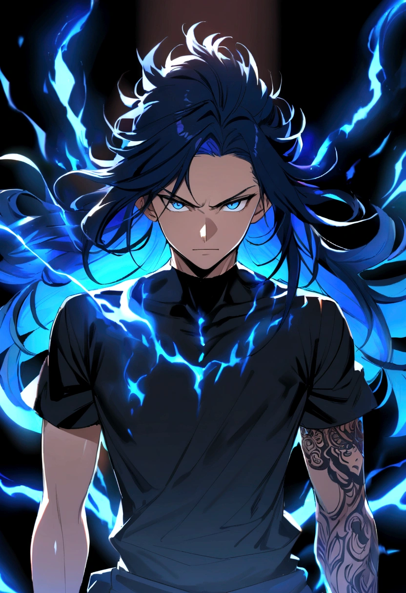 Teenage boy, raised hair, long hair, shiny dark blue hair, serious face, Simple smile, bright dark blue eyes black loose ripped short sleeve shirt, black gloves, tattoos on the body, intense blue electric aura
