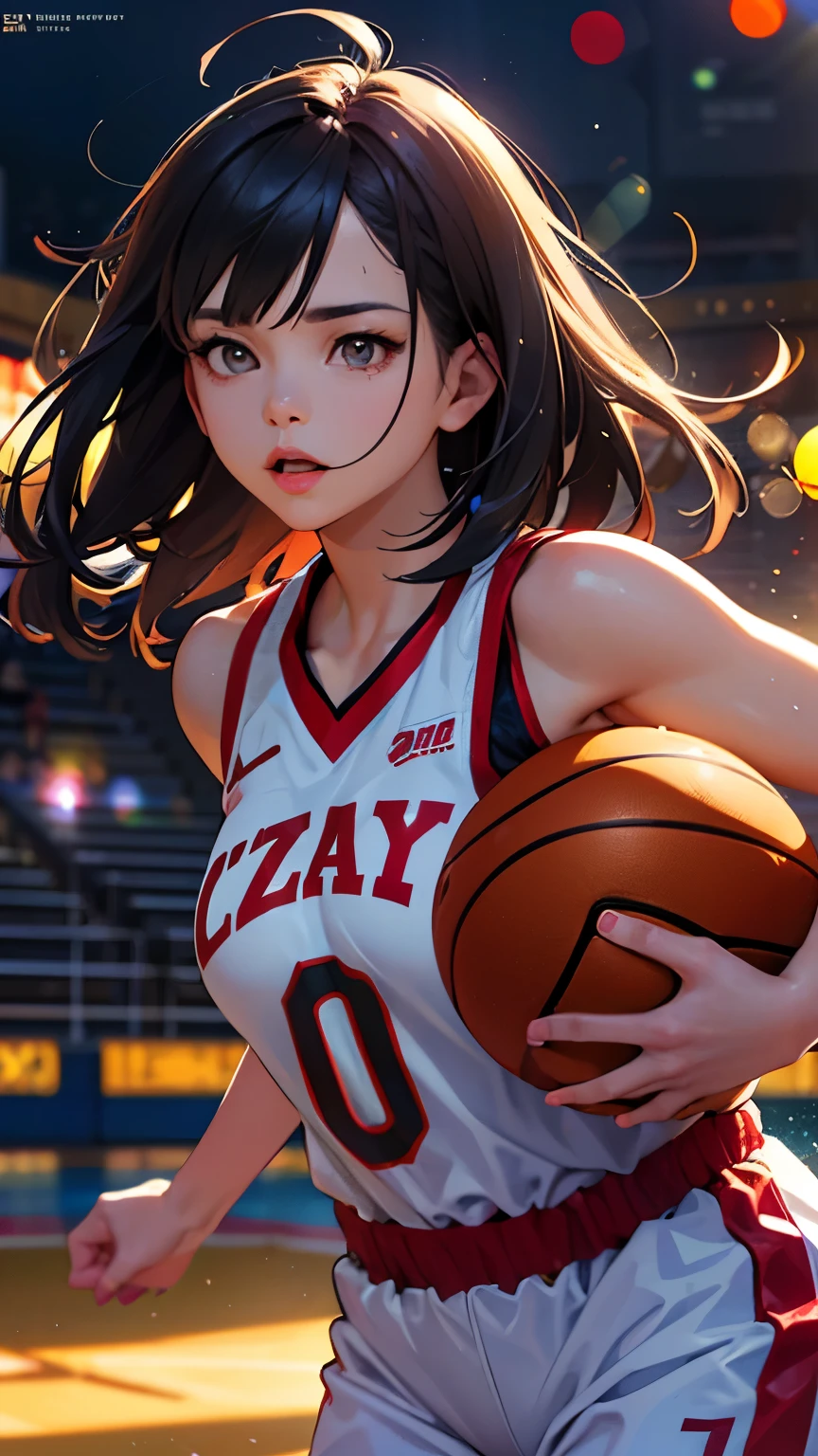 (8K, Highest quality, masterpiece:1.2), (Realistic, photo-Realistic:1.37), Super detailed,Highest quality, Ultra-high resolution, Professional Lighting, Photon Mapping, Radio City, Physically Based Rendering, Cinema Lighting, official, Official poster, Basketball court,Depth of written boundary, Sharp focus,Sunbeam, Good composition,(Bokeh:1.2) One girl,alone,(whole body), (Mouth closed), Fine grain, Pause, Tight waist, big firm bouncing busts, Basketball Uniforms, Black Hair,Messy Hair,Long hair blowing in the wind,(Urzan-6500:1.2),  Mix 4, Hello