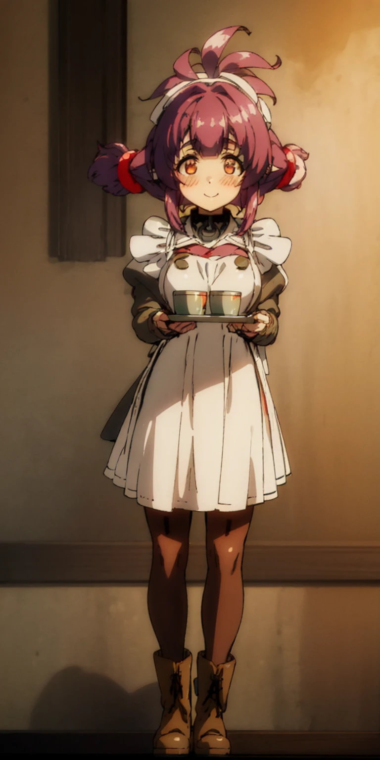 full body standing straight symmetrical, lustful smirking smile face red blush red cheeks, looking at viewer, holding tray, braid, maid headdress, maid, dress, apron, long sleeves, brown pantyhose, long leather militar boots, thighs, long white hair, masterpiece