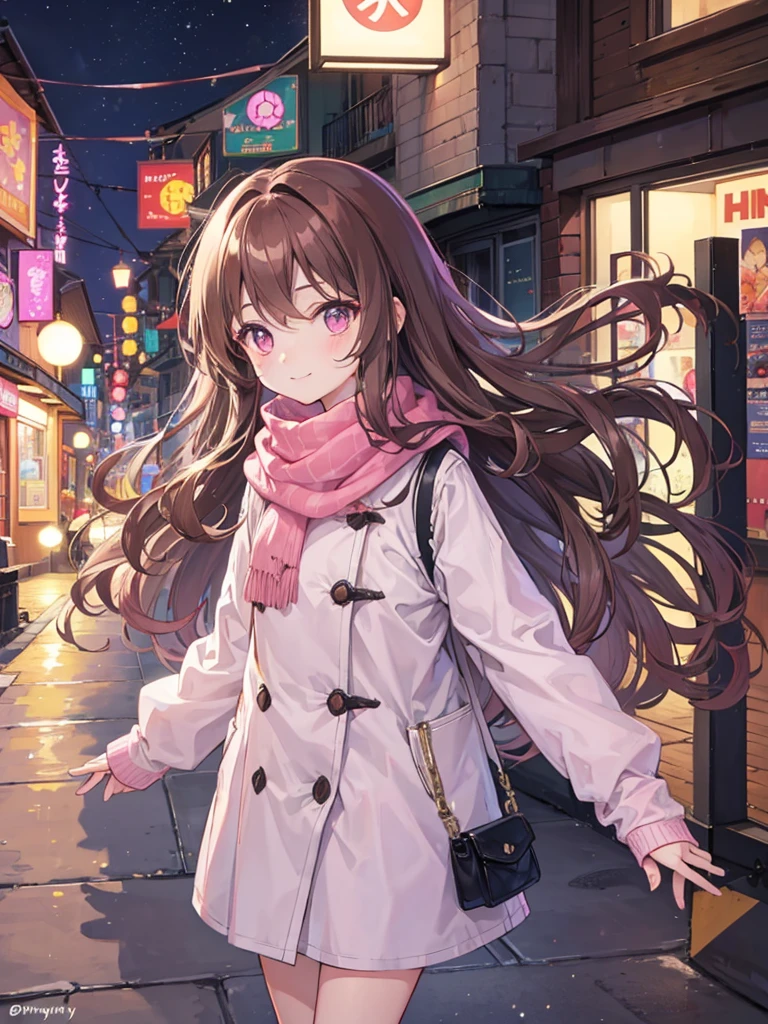, pink eyes, long wavy curry brown hair, kid.  background in town at night winter. kind smile. shy