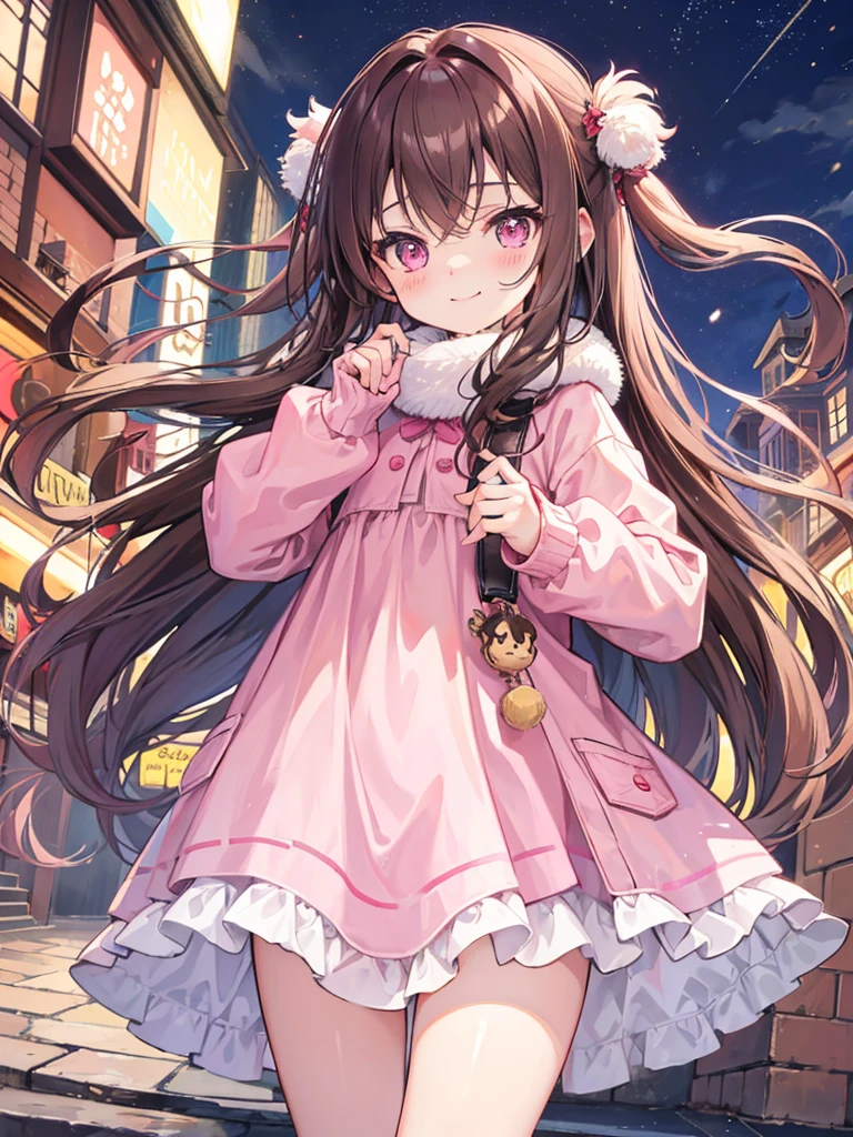 , pink eyes, long wavy curry brown hair, kid.  background in town at night winter. kind smile. shy