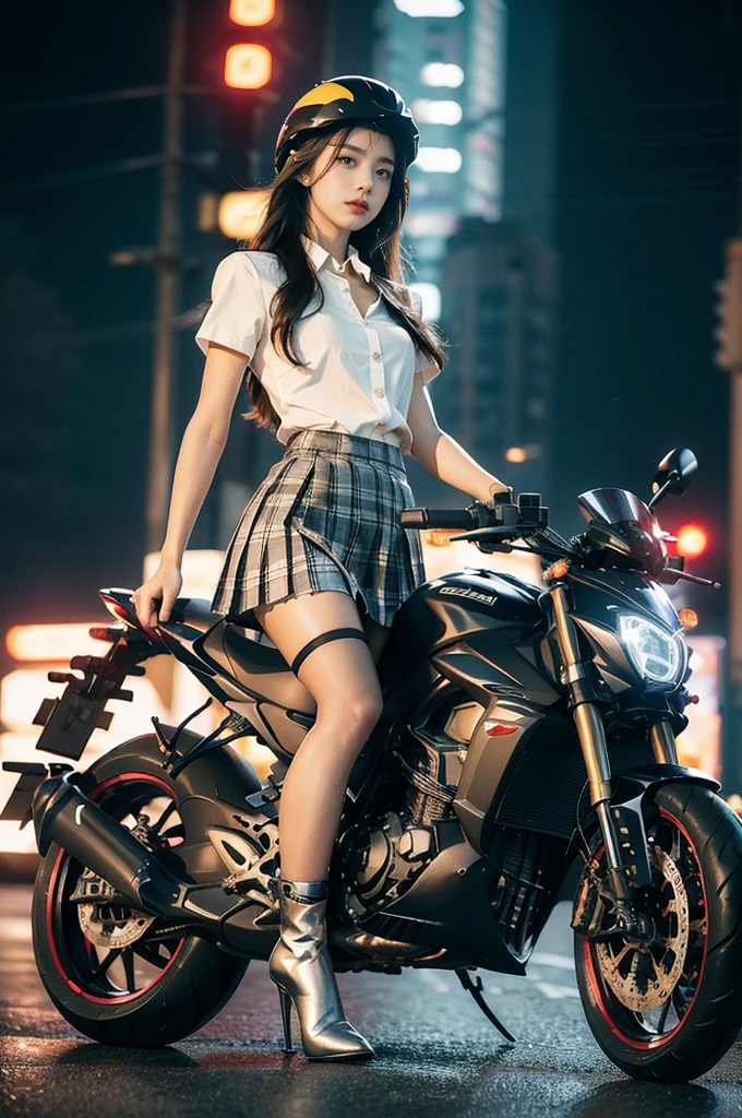(((best quality))),(((ultra detailed))),(((masterpiece))),illustration,(1 beautiful girl,solo),((slim,thin)),((small breasts,flat chest)),(safety helmet:1.3),shoulder length straight hair,slender legs,cyberpunk, urban street,high school student, JK outfit,(riding on a motorcycle:1.3), sleek, (white collared short-sleeved shirt:1.3), (red checkered pleated skirt:1.3),(pantyhose:1.3), stylish boots, confidence, determination, dark streets,neon lights, skyscrapers, urban noises, traffic, sirens, city sounds, futuristic, dystopian society, technology, fashion, explosive cocktail, style, , modernity, attitude, spirit, anything is possible,from front