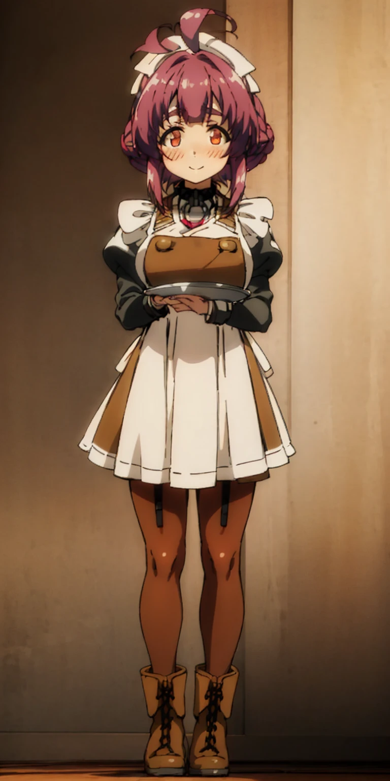 full body standing straight symmetrical, lustful smirking smile face red blush red cheeks, looking at viewer, holding tray, braid, maid headdress, maid, dress, apron, long sleeves, brown pantyhose, long leather militar boots, thighs, long white hair, masterpiece