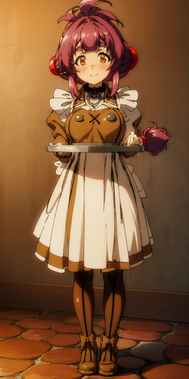 full body standing straight symmetrical, lustful smirking smile face red blush red cheeks, looking at viewer, holding tray, braid, maid headdress, maid, dress, apron, long sleeves, brown pantyhose, long leather militar boots, thighs, long white hair, masterpiece