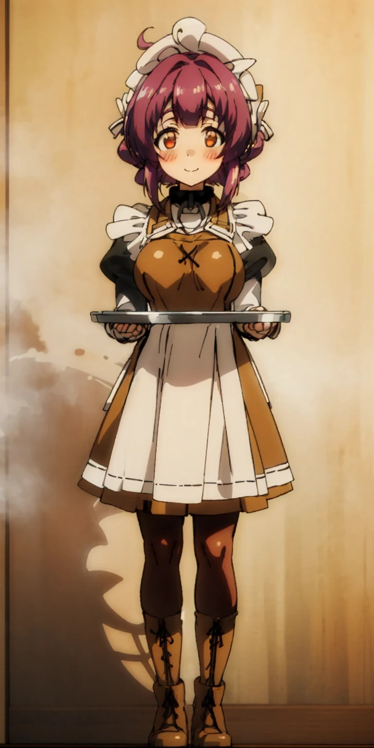 full body standing straight symmetrical, lustful smirking smile face red blush red cheeks, looking at viewer, holding tray, braid, maid headdress, maid, dress, apron, long sleeves, brown pantyhose, long leather militar boots, thighs, long white hair, masterpiece