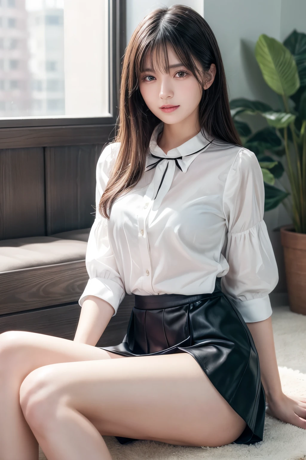 ((Best image quality、8K、masterpiece：1.3))、Realistic high-quality photos、Highest quality、Beautiful and graceful face and eyes、Uniform eyes、Black Hair、Shiny Hair、 OL、Wearing a short-sleeved blouse、Wear a long skirt、Full Body Shot.　Sitting、(((White panties can be seen between her skirt and legs)))、Medium build、Anatomically correct body、