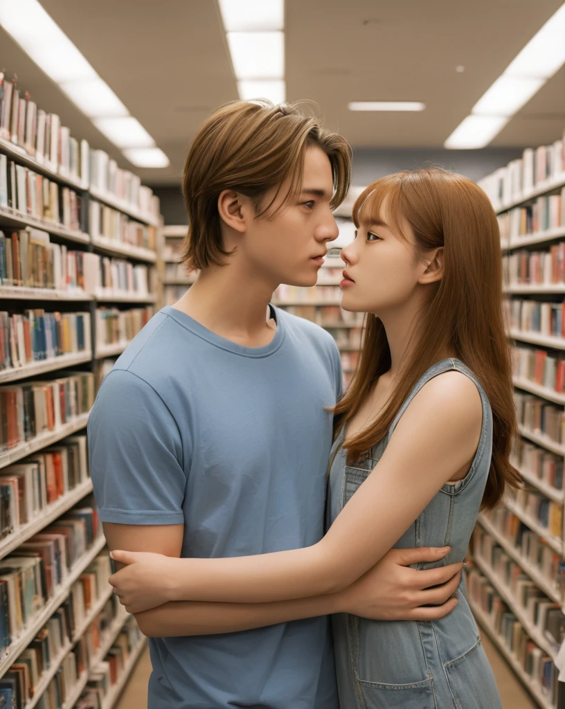 ((a couple in love in a bookstore)) a young man of 20 years old with bright blue eyes, light brown hair, Delgado, physical resemblance to a 20-year-old Leonard Dicaprio in the 90's, youthful face of man without beard or mustache, wearing with a red spider-man sweatshirt, short hair hairstyle, standing, next to his beautiful girlfriend with golden blonde hair and bright, slightly dark blue eyes., pale skin and physical resemblance to 20-year-old actress Amanda Seyfried wearing a black dress, an unreal engine 5, octane renderer, background of a bookstore, detailed hair and eyes, beautiful real faces, Detailed faces with physical resemblances to actors Leonardo Dicaprio and Amanda Seyfried, Beautiful hair, they both smile, beautiful portrait con detalles, hair with many details, 8k Artgerm bokeh, IG model | Artgerm, detailed portrait, stunning holding portrait of a realistic face, beautiful portrait, deviantart artstation cgscosiety, realistic cinematic portrait, high quality portrait, elegant digital painting, Artistic style
