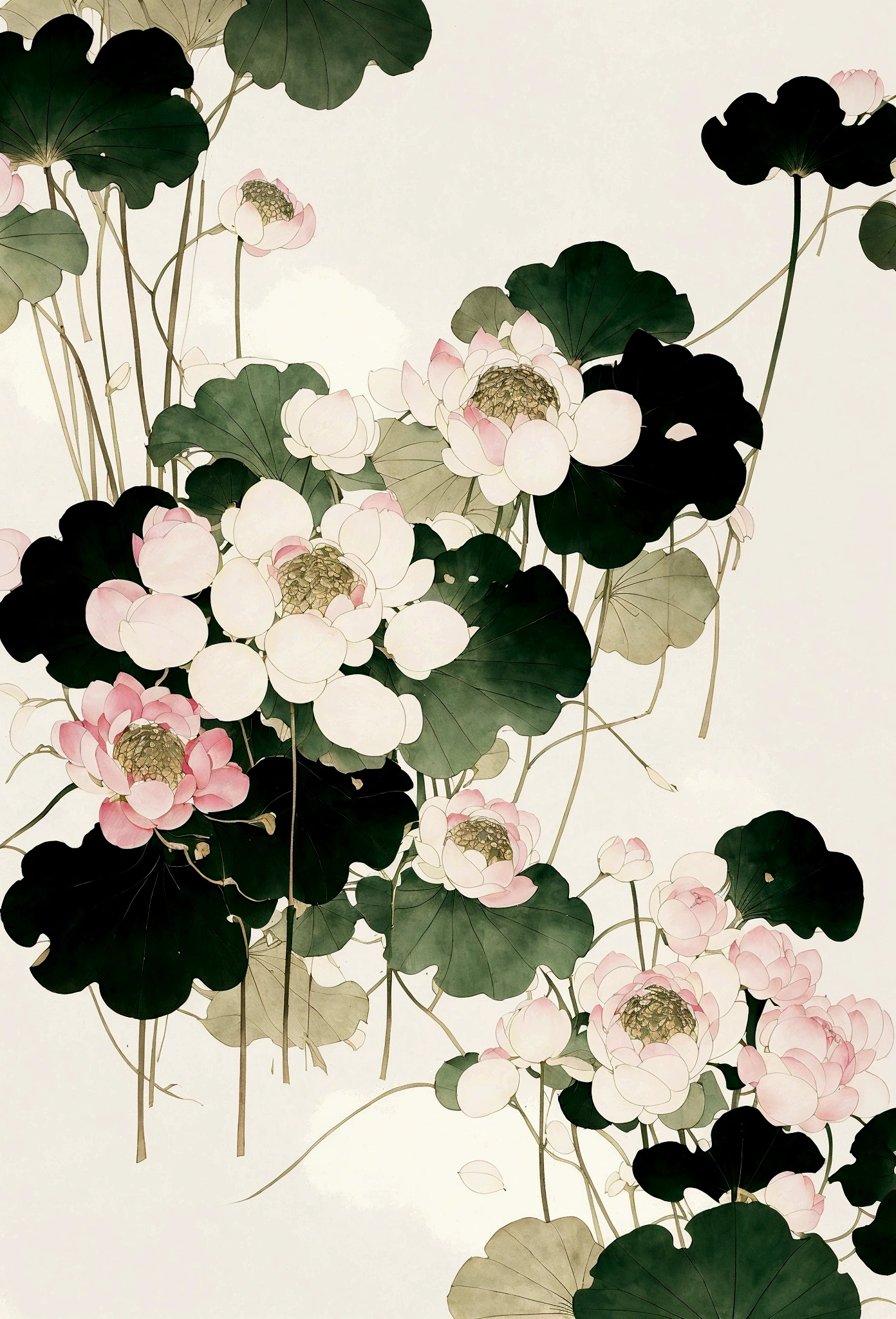 Ink and brushwork style,Lotus,Lotus Leaf,Pink and green color scheme,Simple lines,Hand Painted,HD details,White background,Painting on rice paper,HD 8k