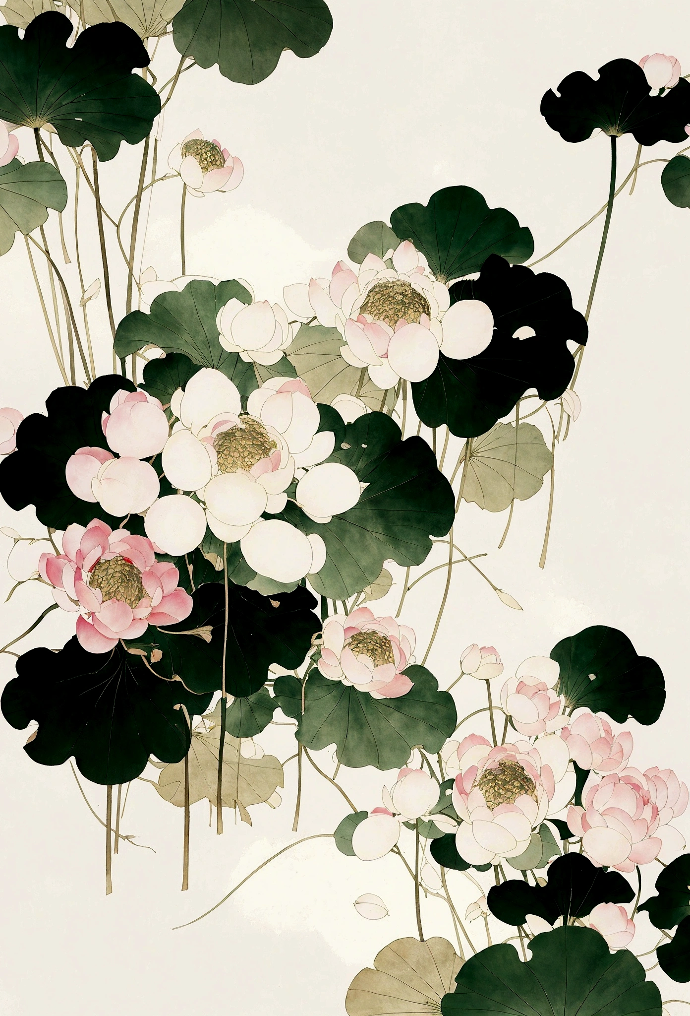 Ink and brushwork style，Lotus，Lotus Leaf，Pink and green color scheme，Simple lines，Hand Painted，HD details，White background，Painting on rice paper，HD 8k