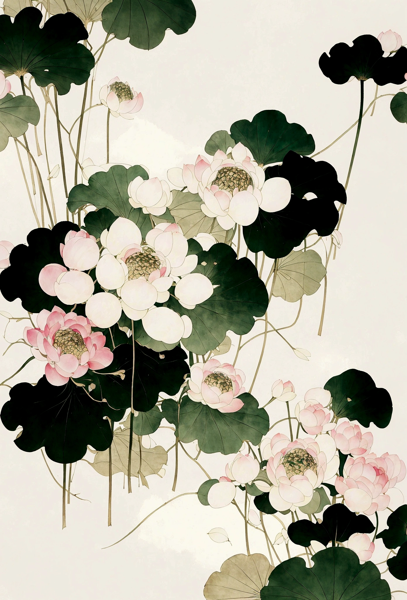 Ink and brushwork style,Lotus,Lotus Leaf,Pink and green color scheme,Simple lines,Hand Painted,HD details,White background,Painting on rice paper,HD 8k