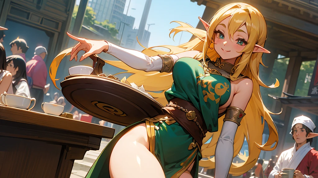 Anime Style,Nostalgic,Detailed background,The medieval world,Busy and crowded Tokyo,Smiling bard beautiful elf girl holding coffee,Large Breasts,Healthy thighs,Underarm