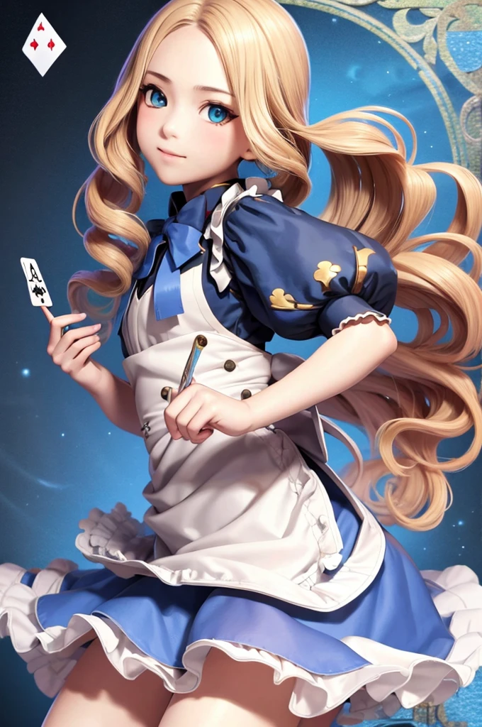 highest quality, ultra high resolution, realistic, cute girl pictures, detailed face, (Pueros face_V1:0.008), alice in wonderland, ****, blonde wavy hair, white apron, blue clothes, playing card pattern background, no makeup