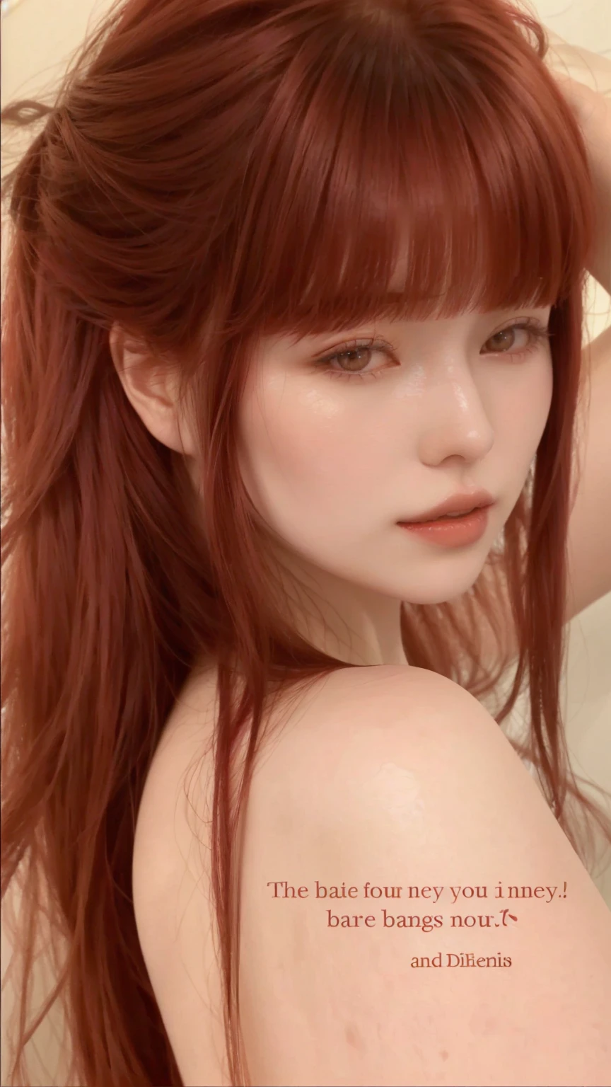 there is a red-haired Korean woman posing for a photo, brown hair and bangs, smooth red skin, pale red, fair and pale skin!!, neat hair with bangs, smooth and pale skin, Beautiful Delfina, with pale skin, pale and soft white skin, Red head, soft red hair, Cheeks red, smooth, pale, flawless skin, pale and glowing skin