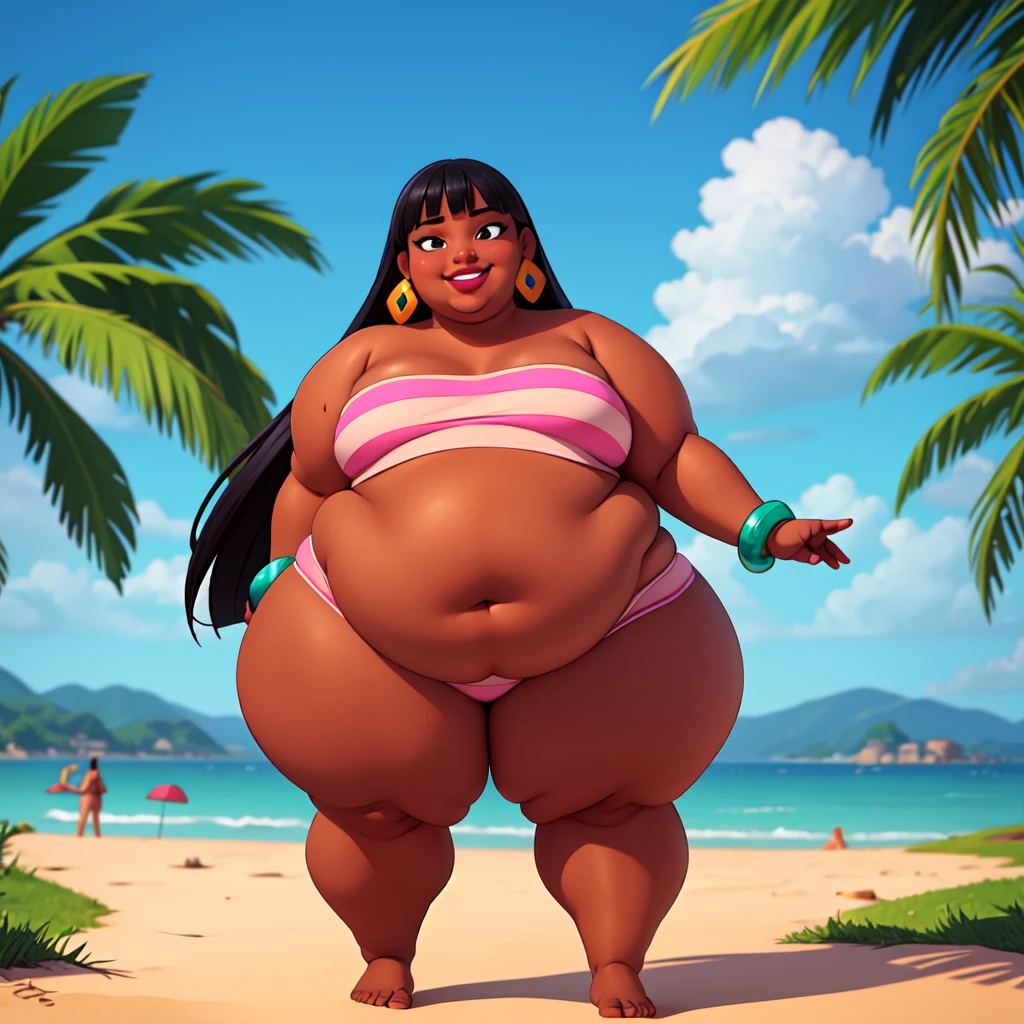 (work of art:1.2, best qualityer:1.2), SSBBW, Giant breasts, thunder thighs, soft ambient lighting, perfect lighting, 1 girl, standing alone, Chel, Bblack hair, long hair, rhombus stripe, eyes browns, darkskin, lipstick, breasts big, Broad Hips, top of the tube, neckleace, bared shoulders, emerald earrings, emerald bracelets, looking at the camera with a smug expression on his face, beach background, very large body, fat belly rolls, big breasts, sexy smile, fat arms, thunder thighs, super fat, looking at viewer, wet clothes, sweating very hard, sexy looking, blob, night beach, céu estrelado, night