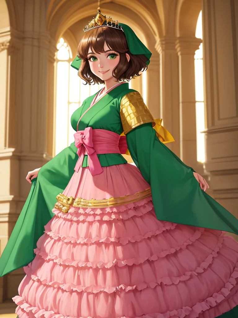 masterpiece, best quality:1.2), 1girl, smile, looking at viewer, green eyes, short brown hair, princess, princess dress, wearing puffy pink ballgown reaching the floor, green kimono, golden tiara with veil, standing in ballroom of medieval castle