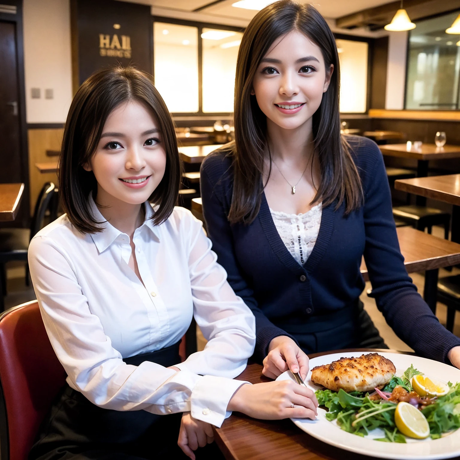 ((Highest quality、、masterpiece:1.3))、1 male 1 female、Slim lovers、Beautiful couple、Japanese couple、smile、 (Slim face), (the body is スリム), (Brown Hair), (Shortcuts), ((Bob Hale、Straight hair:1.2)), Full course dinner on the table、wine glass、Please shine a light on my face、 Amazing view of the sunset sky and clouds、smileの美しさ、Bright image、Blushing, Shortcuts,Bright Face、 43 years old,39 years old, red wine 、Appetizers、Italian food、Wine bottle、Champagne、sparkling wine、Long sleeve shirt、dress、Attractive beauty、restaurant, Nova Frog Style, actress, model, Upper Body, White wine, red wine, wine glass, 
