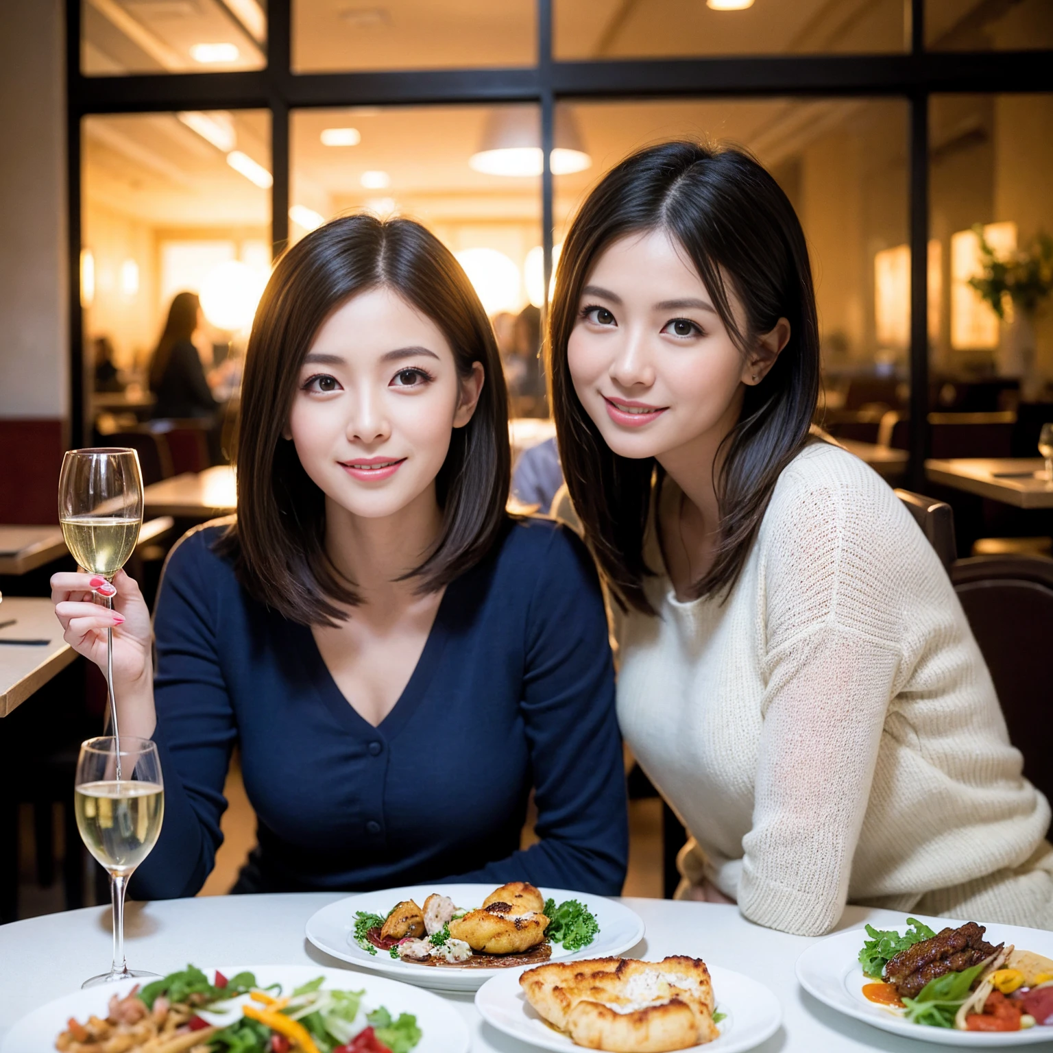 ((Highest quality、、masterpiece:1.3))、1 male 1 female、Slim lovers、Beautiful couple、Japanese couple、smile、 (Slim face), (the body is スリム), (Brown Hair), (Shortcuts), ((Bob Hale、Straight hair:1.2)), Full course dinner on the table、wine glass、Please shine a light on my face、 Amazing view of the sunset sky and clouds、smileの美しさ、Bright image、Blushing, Shortcuts,Bright Face、 43 years old,39 years old, red wine 、Appetizers、Italian food、Wine bottle、Champagne、sparkling wine、Long sleeve shirt、dress、Attractive beauty、restaurant, Nova Frog Style, actress, model, Upper Body, White wine, red wine, wine glass,