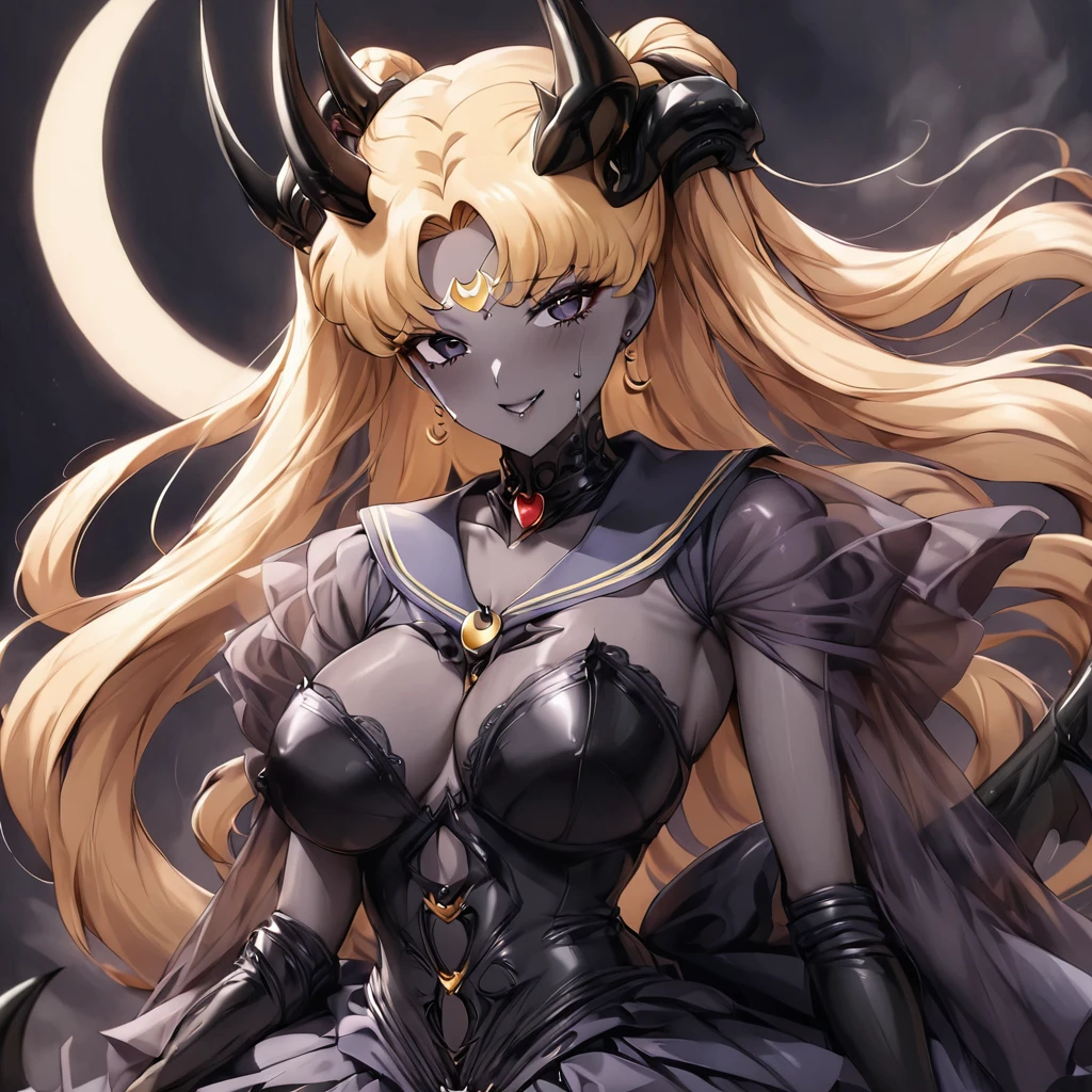((Highest quality)), ((masterpiece)), (detailed), (Perfect Face)、The woman is the dark queen of the black moon of the Black Moon clan, a lustful and evil demon warrior, the demon queen, Devil Queen Sailor Moon, and the woman is a sexy female demon with jet black skin, Devil Queen Sailor Moon.、The woman is a jet-black female demon with magnificent devil horns, jet-black devil wings, and a jet-black tail. Her skin is jet-black, and she has a black inverted crescent moon mark on her forehead. Her gorgeous black skin is visible through her black see-through ta Gothic Victorian wedding dress, black wedding veil, and black see-through cape. She is a jet-black demon, Devil Queen Sailor Moon, and has blonde hair.2The expression of a girl in love with her long hair tied up、Woman is Devil Queen Sailor Moon