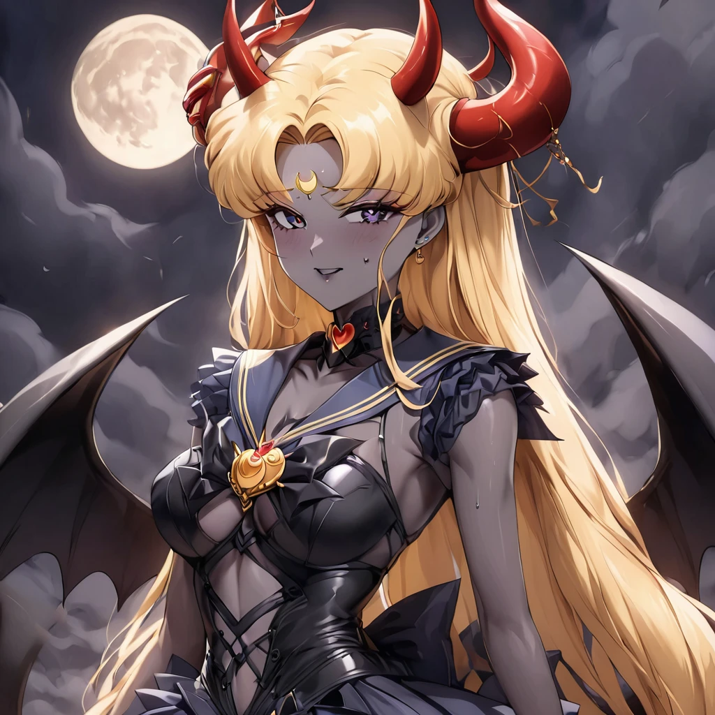 ((Highest quality)), ((masterpiece)), (detailed), (Perfect Face)、The woman is the dark queen of the black moon of the Black Moon clan, a lustful and evil demon warrior, the demon queen, Devil Queen Sailor Moon, and the woman is a sexy female demon with jet black skin, Devil Queen Sailor Moon.、The woman is a jet-black female demon with magnificent devil horns, jet-black devil wings, and a jet-black tail. Her skin is jet-black, and she has a black inverted crescent moon mark on her forehead. Her gorgeous black skin is visible through her black see-through ta Gothic Victorian wedding dress, black wedding veil, and black see-through cape. She is a jet-black demon, Devil Queen Sailor Moon, and has blonde hair.2The expression of a girl in love with her long hair tied up、Woman is Devil Queen Sailor Moon