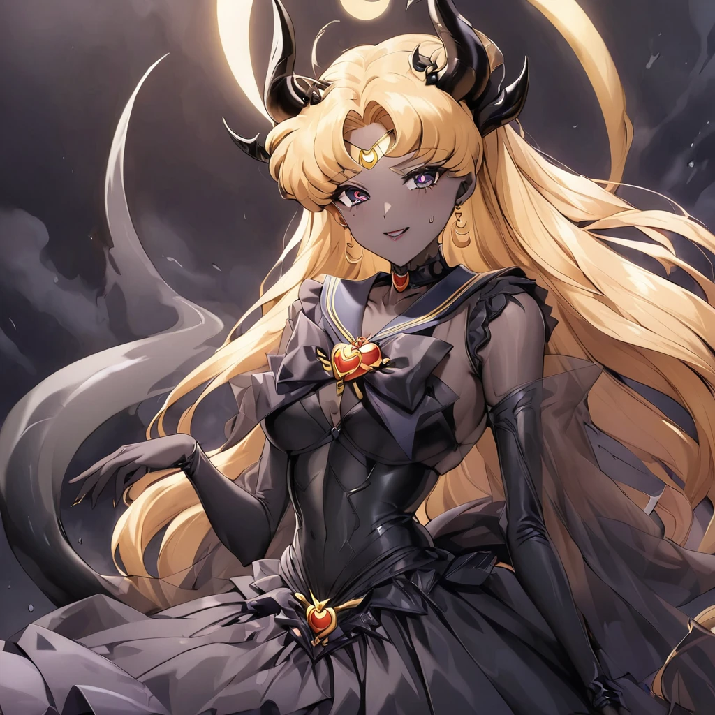 ((Highest quality)), ((masterpiece)), (detailed), （Perfect Face）、The woman is the dark queen of the black moon of the Black Moon clan, a demon warrior of lust and evil, the demon queen, Eternal Devil Queen Sailor Moon, and the woman is the jet-black, sexy female demon, Eternal Devil Queen Sailor Moon.、The woman is a jet-black female demon with magnificent devil horns, jet-black devil wings, and a jet-black tail. Her skin is jet-black, and she has a black inverted crescent moon mark on her forehead. Her gorgeous black skin is visible through her black see-through Lolita Gothic Victorian wedding dress, black wedding veil, and black see-through cape. She is a jet-black demon, Eternal Devil Queen Sailor Moon, and has blonde hair.２The expression of a girl in love with her long hair tied up、Woman is Eternal Devil Queen Sailor Moon
