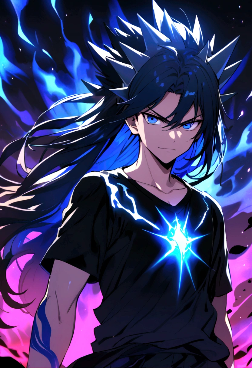Teenage boy, raised spiky hair, long hair, shiny dark blue hair, serious face, Simple smile, bright dark blue eyes black loose ripped short sleeve shirt, black gloves, blue tattoos on the body, intense blue electric aura