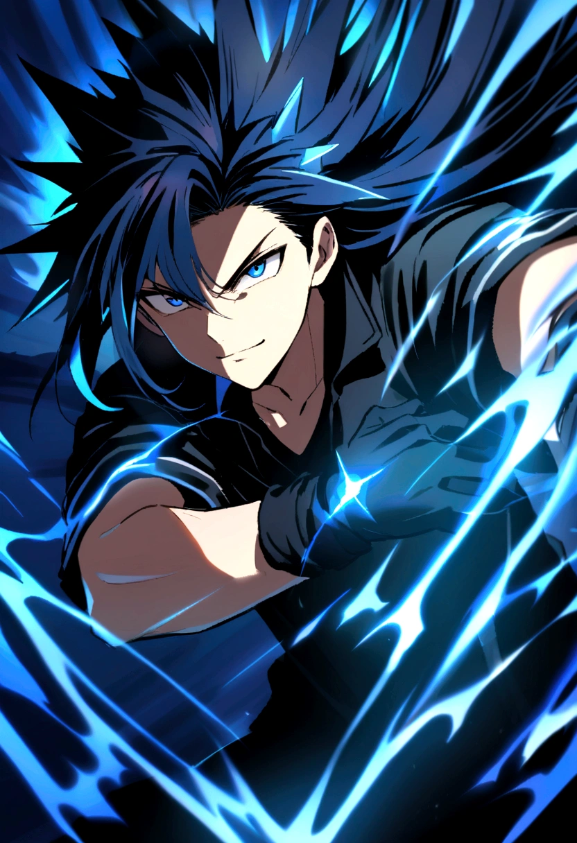 Teenage boy, raised spiky hair, long hair, shiny dark blue hair, serious face, Simple smile, bright dark blue eyes black loose ripped short sleeve shirt, black gloves, blue tattoos on the body, intense blue electric aura