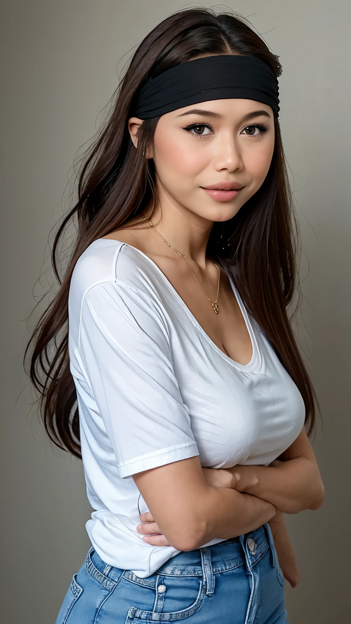 (Slightly wavy hair long, swooped over her shoulder, ), (Malaysia female), age 55, 8K, phototrealism, big breasts, pointy breasts, photorealism, portrait, 85mm lens, depth of field, delicate skin luster, blindfolded, plump lips, slim, (Haruka Ayase), white t-shirt , cropped, tight denim jeans, professional lighting,
