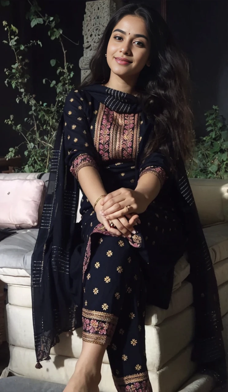 A young woman in a beautiful yellow and pink traditional Indian outfit, sitting on a couch, looking at the camera with a smile on her face. The image has a soft and dreamy feel to it. The woman's hair is long and flowing, and she is wearing intricate jewelry. The colors in the image are vibrant and saturated.jhahnvi kapoor