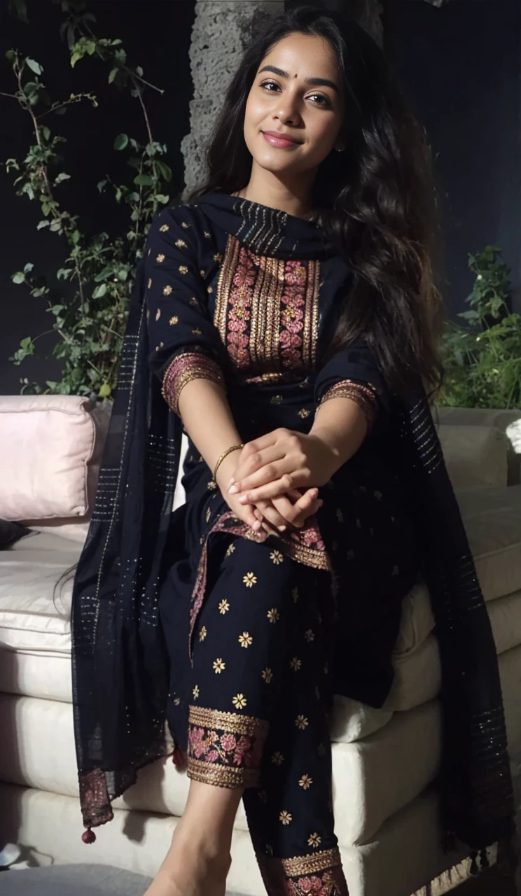 A young woman in a beautiful yellow and pink traditional Indian outfit, sitting on a couch, looking at the camera with a smile on her face. The image has a soft and dreamy feel to it. The woman's hair is long and flowing, and she is wearing intricate jewelry. The colors in the image are vibrant and saturated.jhahnvi kapoor