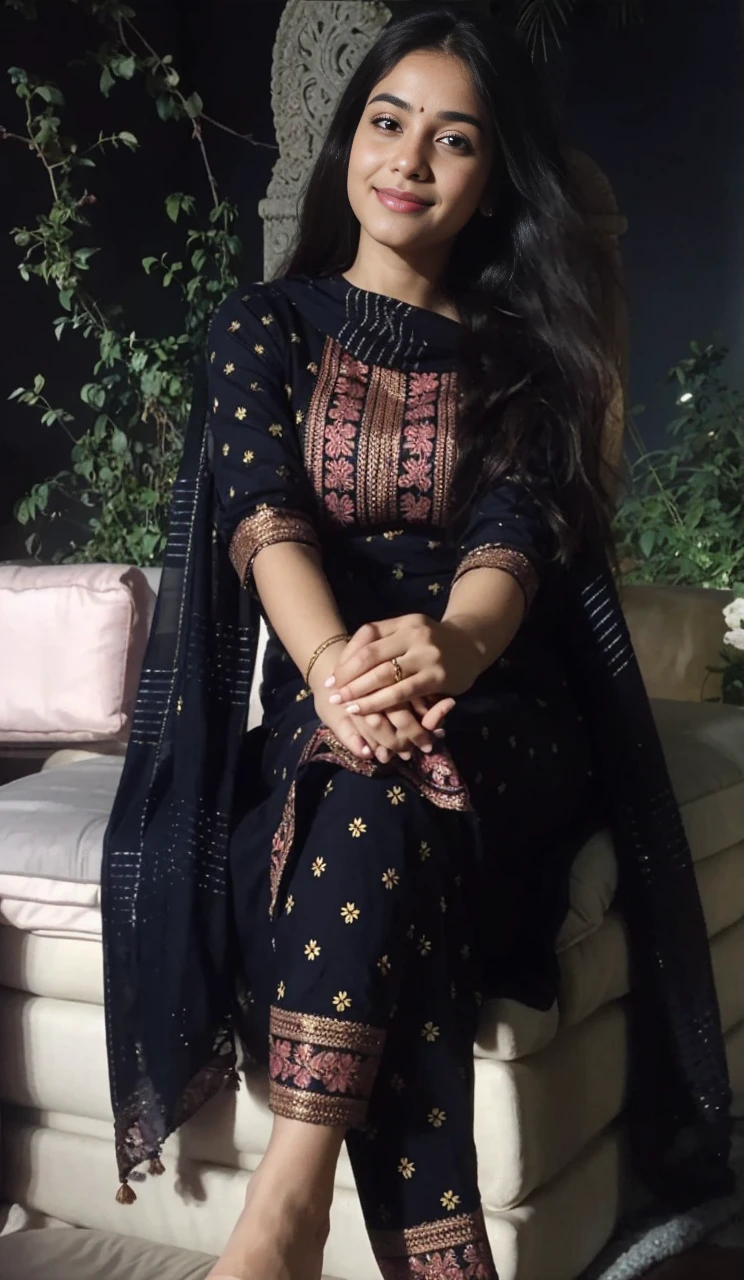 A young woman in a beautiful yellow and pink traditional Indian outfit, sitting on a couch, looking at the camera with a smile on her face. The image has a soft and dreamy feel to it. The woman's hair is long and flowing, and she is wearing intricate jewelry. The colors in the image are vibrant and saturated.jhahnvi kapoor