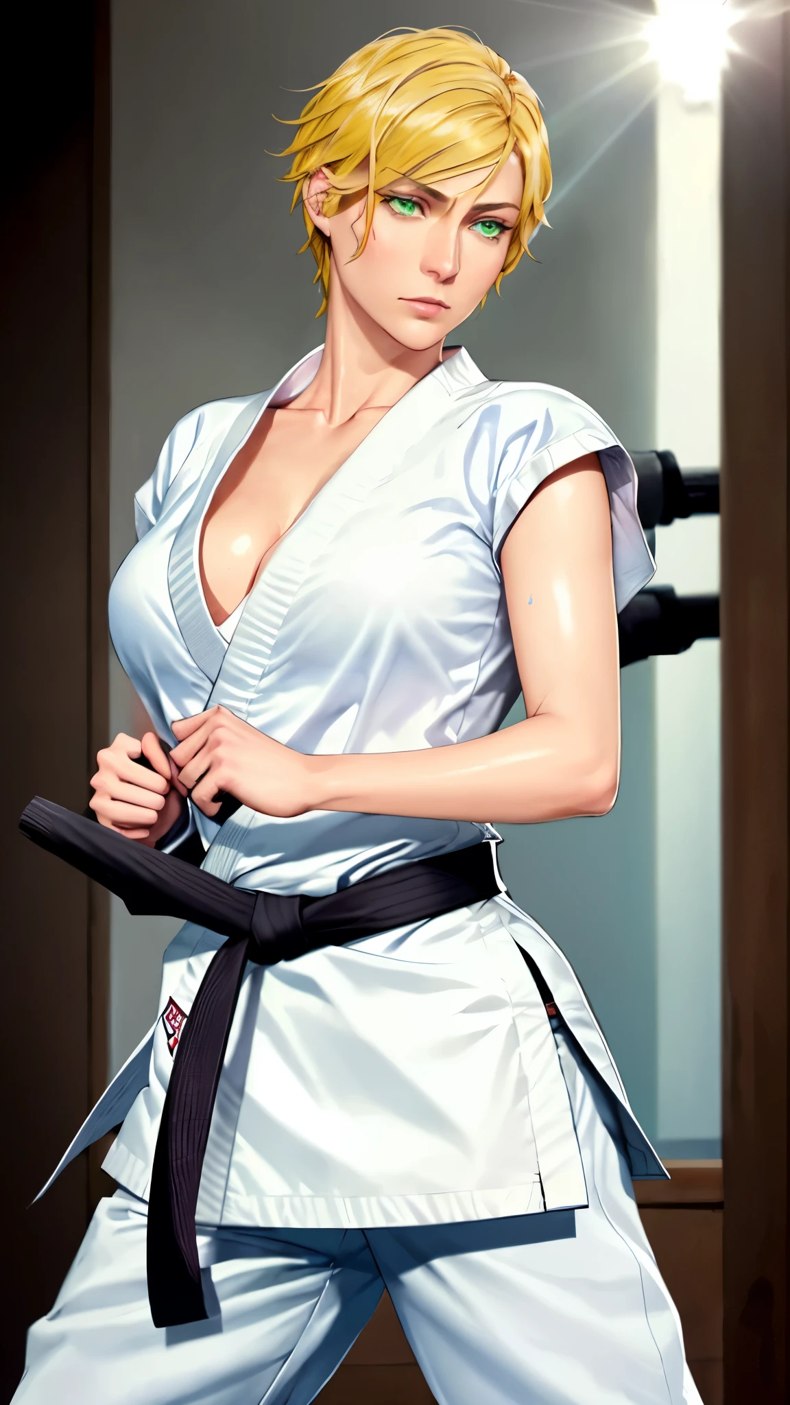 ((((masterpiece, best quality, high resolution)))), Extremely detailed 8K, 1 female, wearing a white Karate gi, (Ultra HD, Ultra-detailed, Highly detailed, Highly realistic, Ultra-realistic, photograph realistic), (1girl:1.5), (Realistic yellow hair), (dynamic poses), facing at camera, looking at viewer, (slightly serious face), (green eyes, sharp eyes), (perky breasts:1.2), (beautiful detailed face, beautiful detailed eyes), ((worn out karate gi)), (preparing for a fight), sweat, glow, (sunbeam, sunlight), ((cowboy shot)), inside a training gym, seductive, EnvyBetterHands LoCon,
