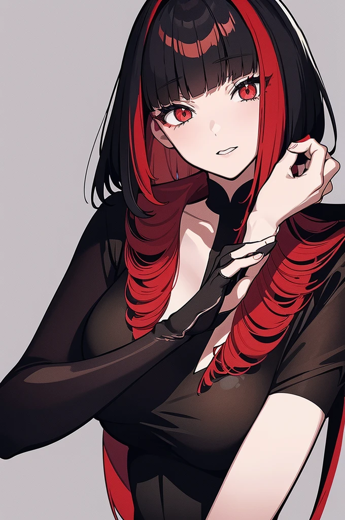 a beautiful girl with long red hair wearing a black dress, detailed facial features, bob haircut, full body illustration, woman wearing a long black and red coat, solo character, white background, anime style, highly detailed, photorealistic, 8k, best quality, masterpiece