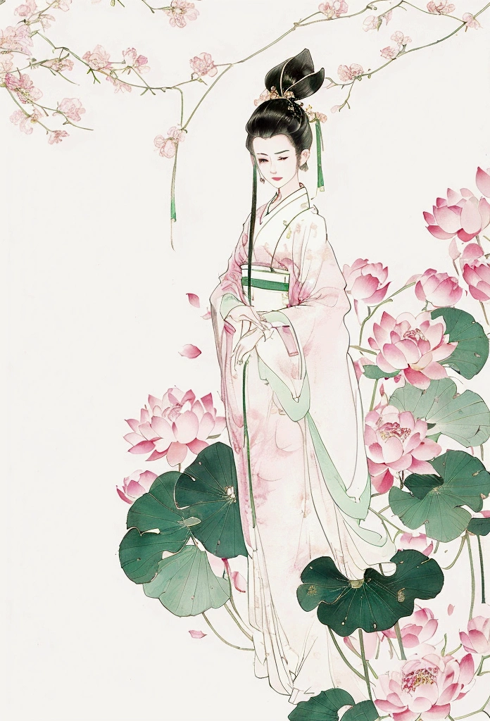 Ink and brushwork style,Lotus,Lotus Leaf,Pink and green color scheme,Simple lines,Hand Painted,HD details,White background,Painting on rice paper,HD 8k