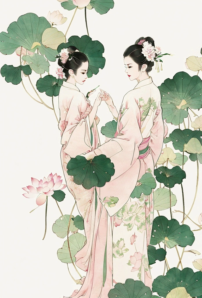 Ink and brushwork style,Lotus,Lotus Leaf,Pink and green color scheme,Simple lines,Hand Painted,HD details,White background,Painting on rice paper,HD 8k