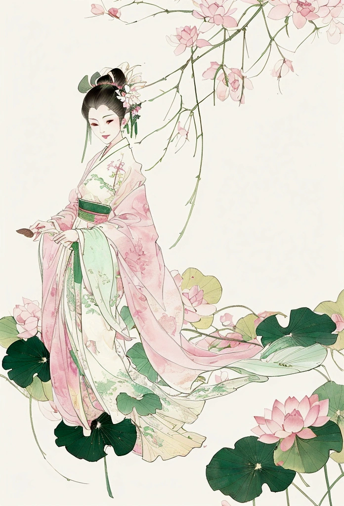 Ink and brushwork style,Lotus,Lotus Leaf,Pink and green color scheme,Simple lines,Hand Painted,HD details,White background,Painting on rice paper,HD 8k