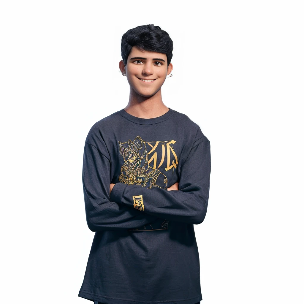 black hair, arms crossed and smiling, with a shirt without a pattern, symmetrical eyes